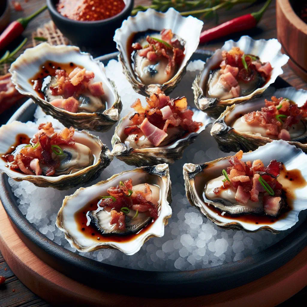 Grilled rock oysters topped with crispy bacon and parsley on the half shell