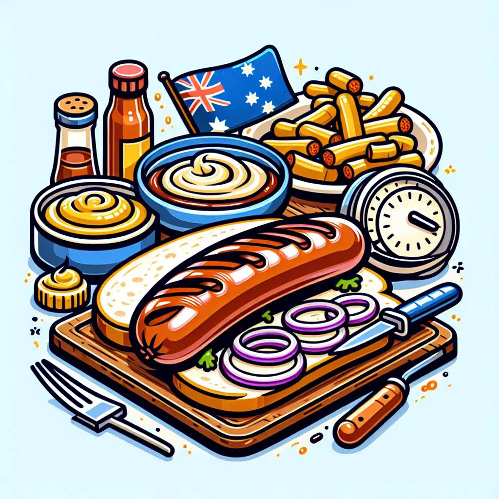 Grilled sausage in a slice of bread topped with caramelised onions and sauce