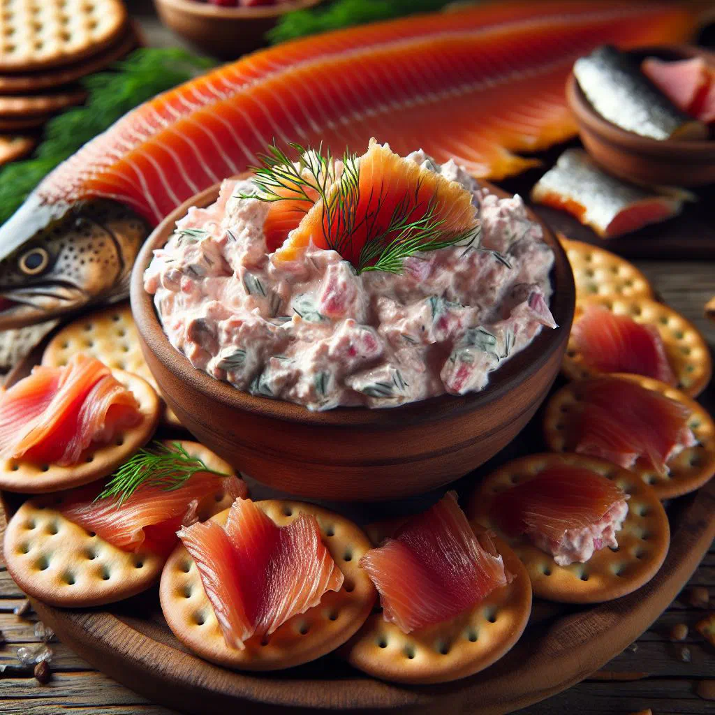 Creamy smoked trout dip in a bowl garnished with fresh dill and lemon