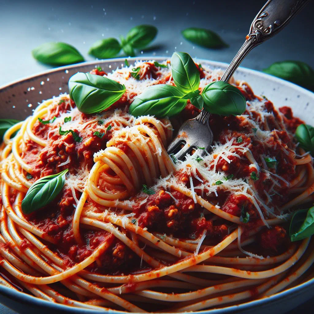 Spaghetti bolognese topped with grated parmesan and fresh basil