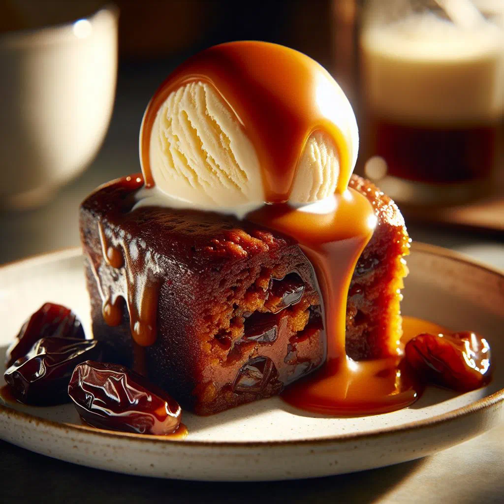 Warm sticky date pudding drenched in caramel sauce