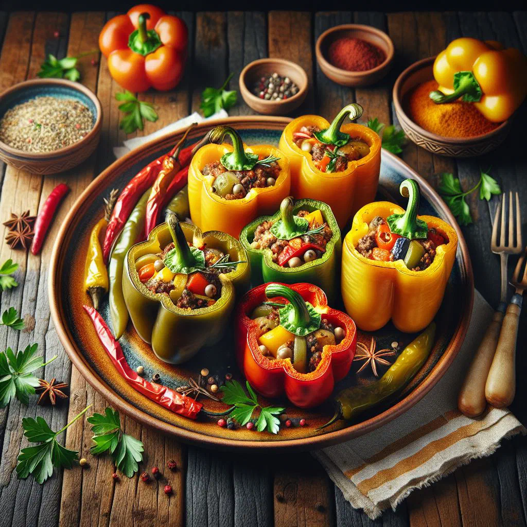 Baked stuffed peppers filled with spiced mince and rice
