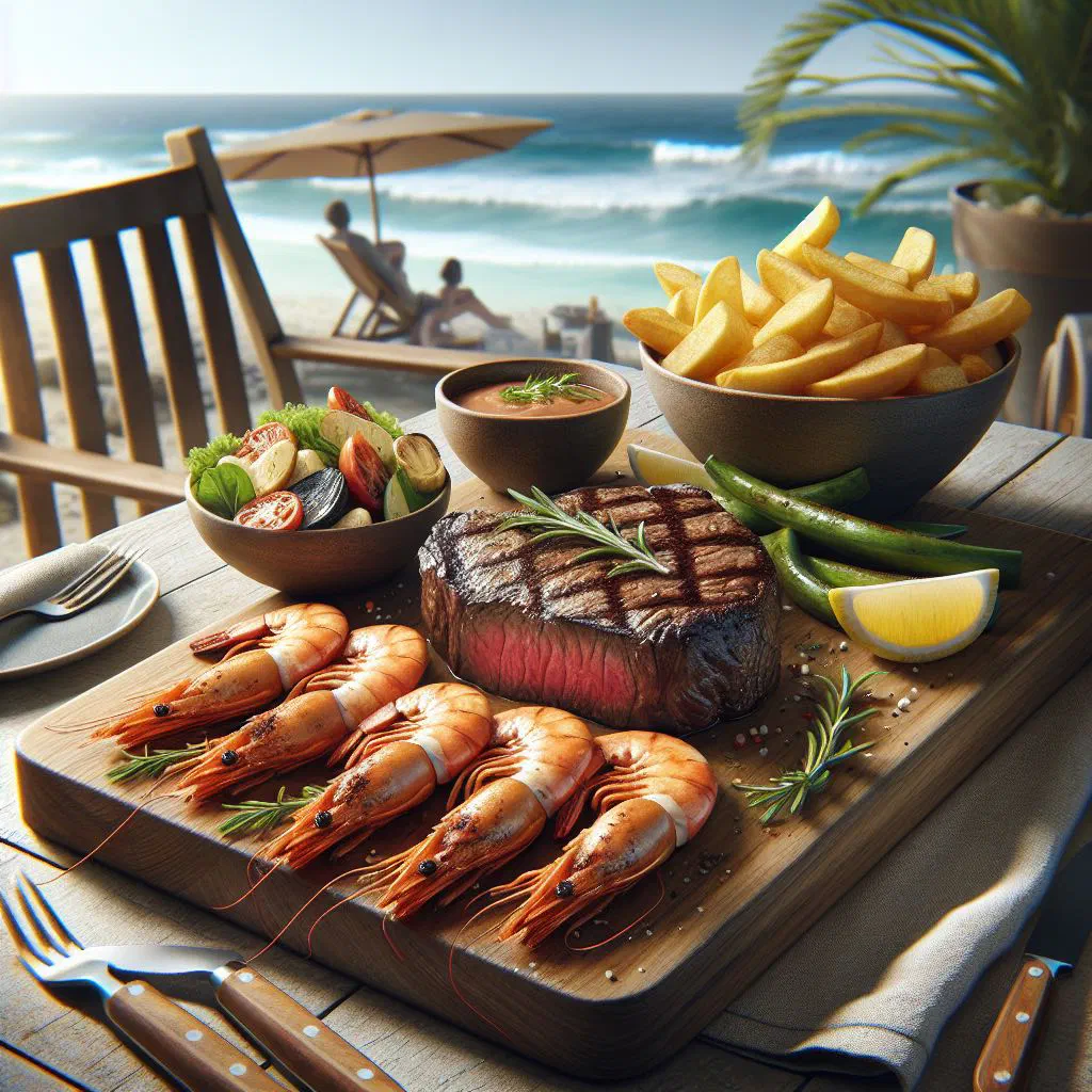 Grilled beef steak served with prawns and fresh herbs