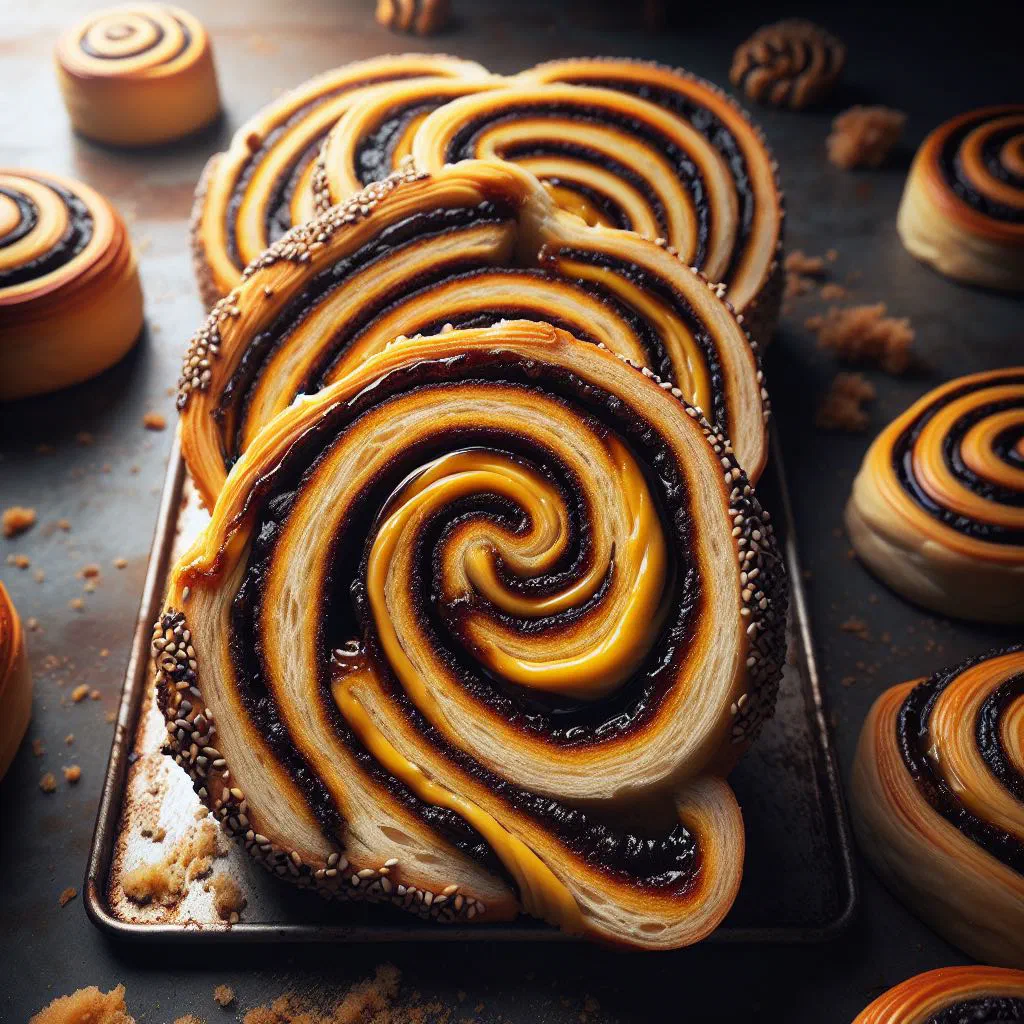 Freshly baked Vegemite scrolls with melted cheese on a wooden board