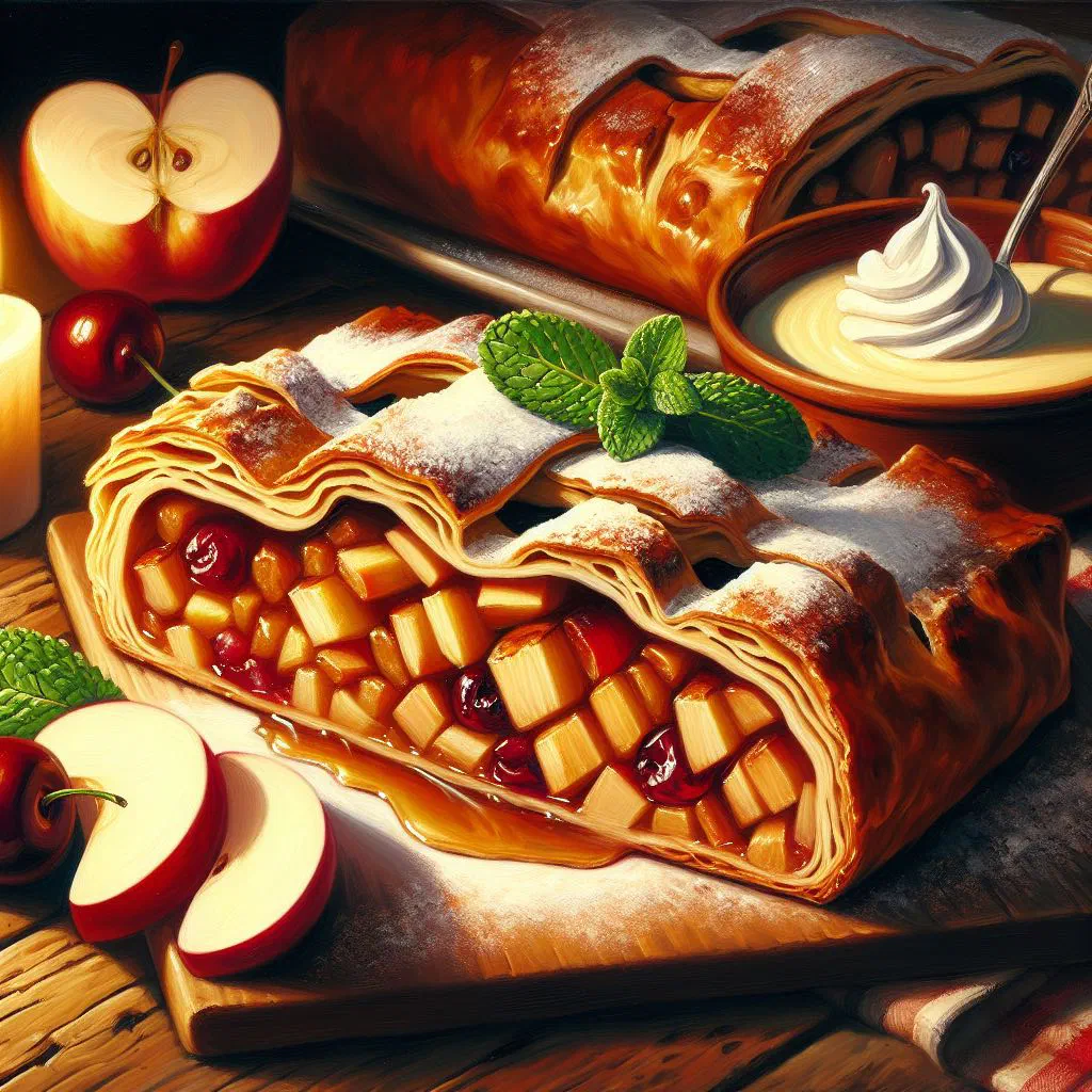 Golden apple and cherry strudel dusted with icing sugar