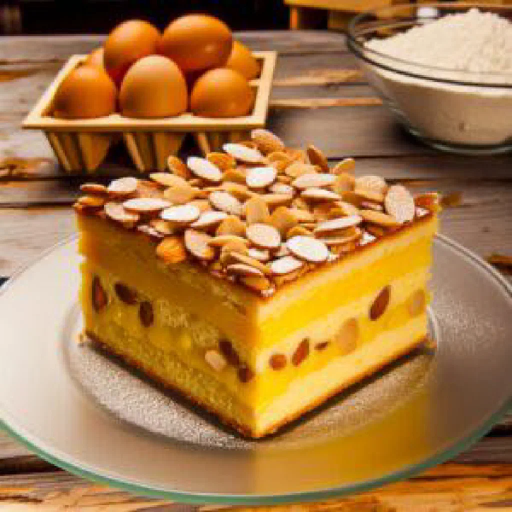 Bee sting cake with caramelised almond topping and vanilla cream filling