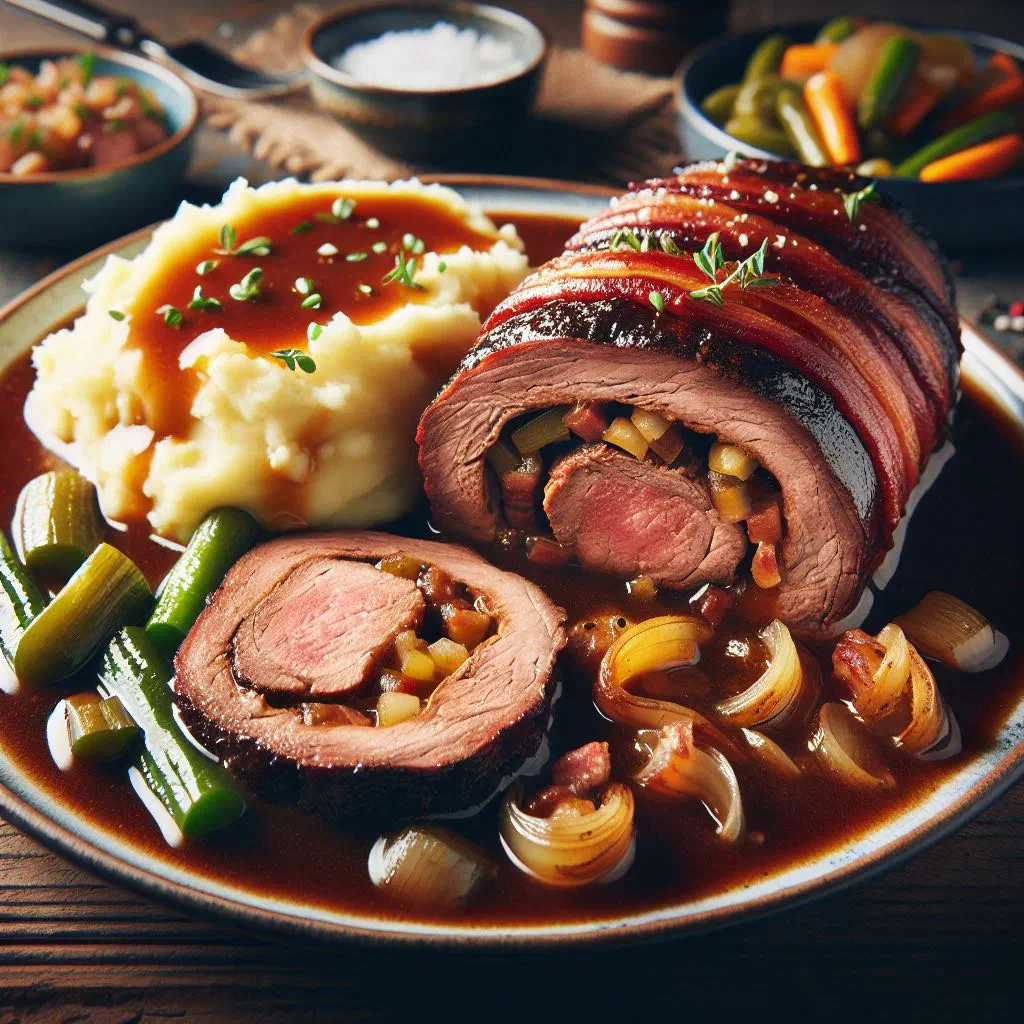 Sliced beef roulades served in a rich brown sauce with parsley