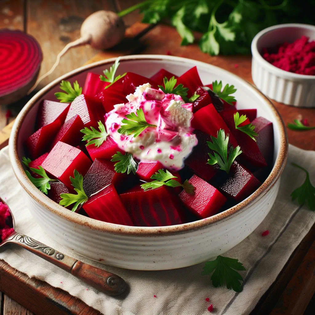 Beetroot salad with freshly grated horseradish, garnished with herbs
