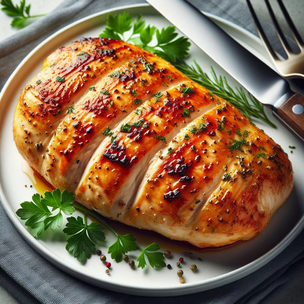 Golden, crispy breaded chicken fillets garnished with lemon and parsley