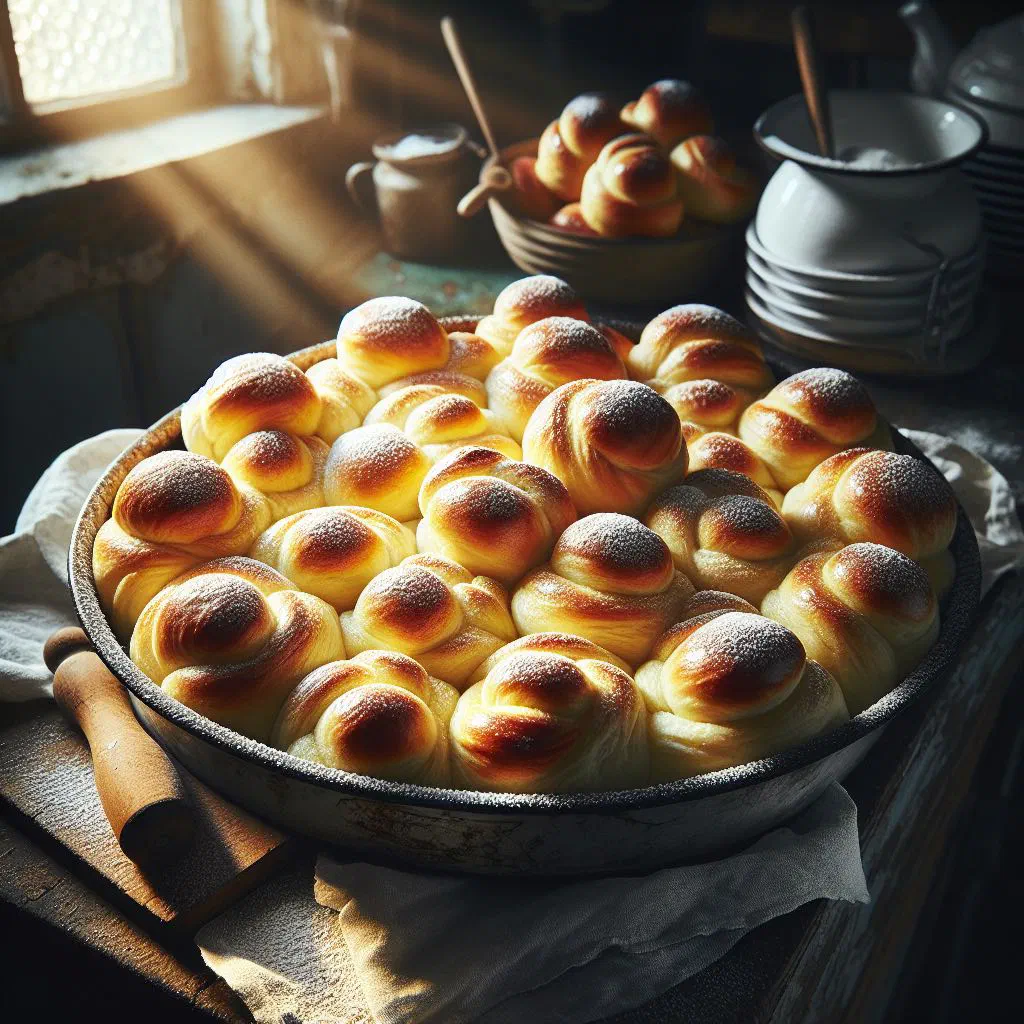 Golden baked Buchteln rolls drizzled with creamy vanilla sauce