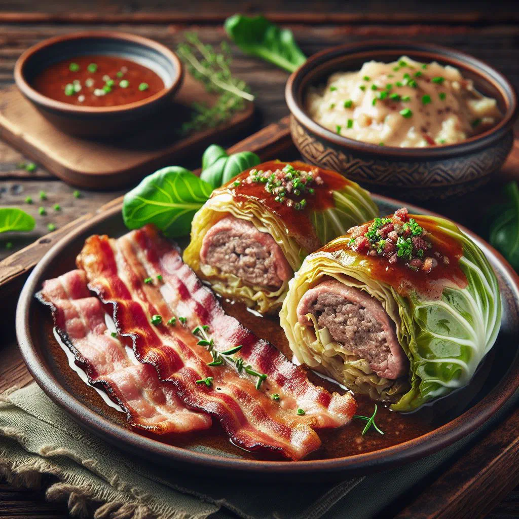 Austrian cabbage rolls topped with bacon sauce on a rustic plate