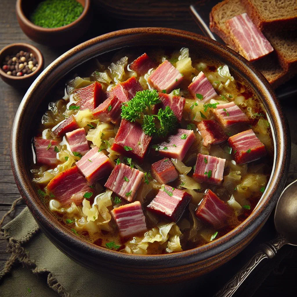 A bowl of hearty Austrian cabbage soup with bacon, garnished with fresh herbs