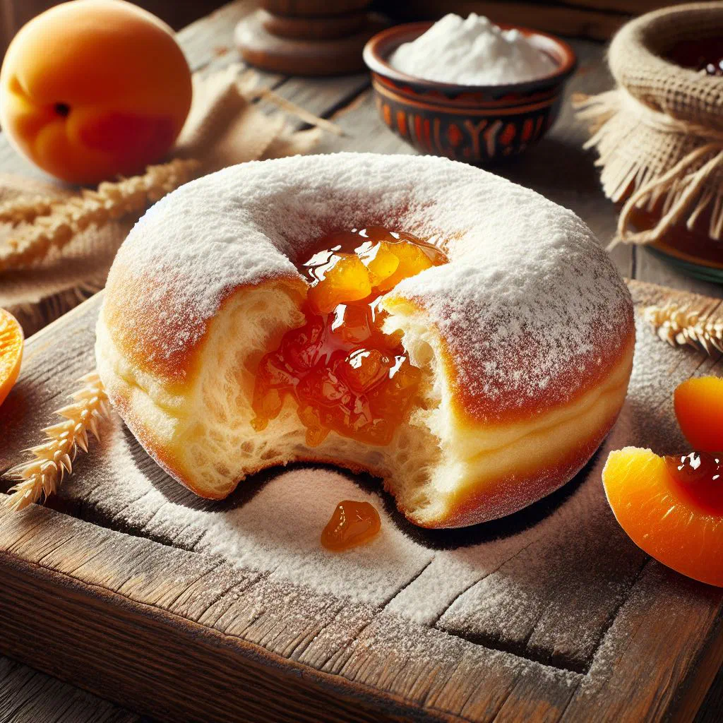 Golden Austrian carnival doughnuts dusted with icing sugar and filled with jam