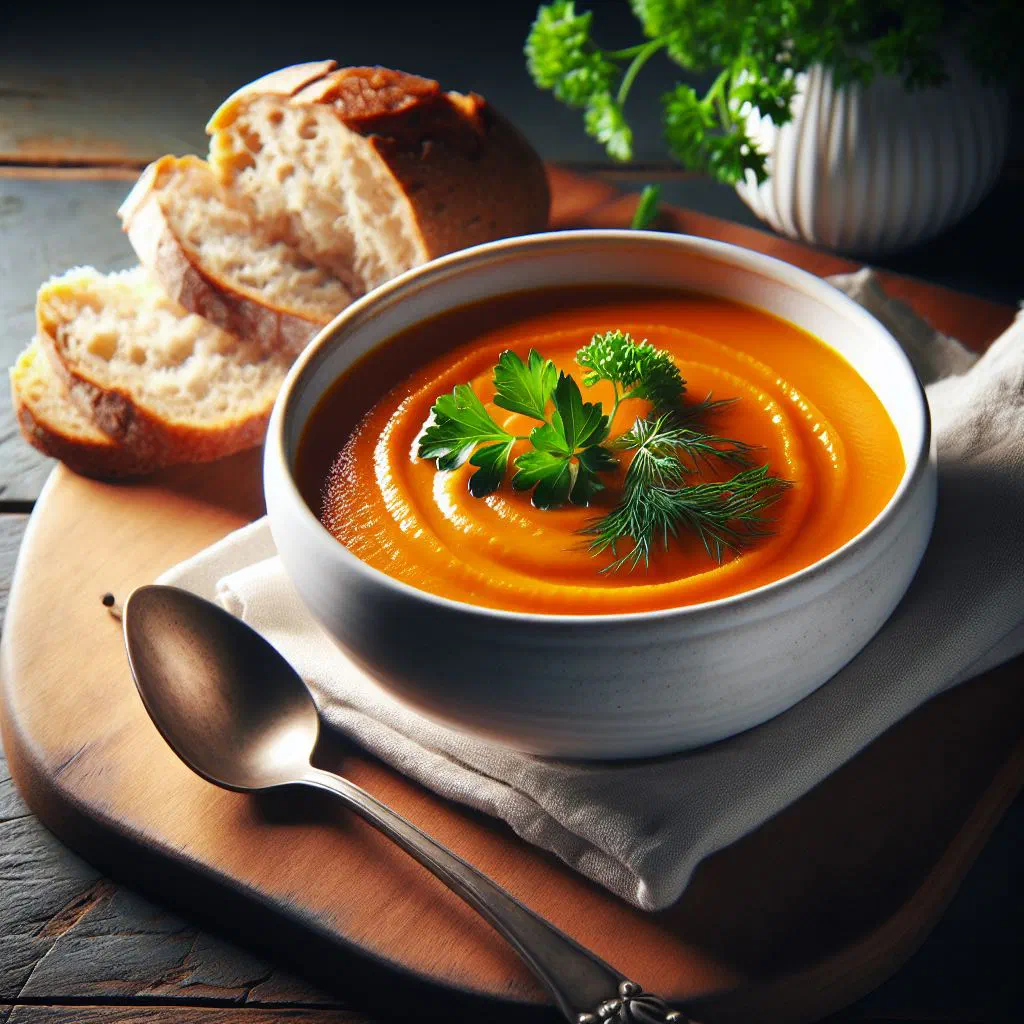 A bowl of creamy carrot soup garnished with fresh herbs and a swirl of cream