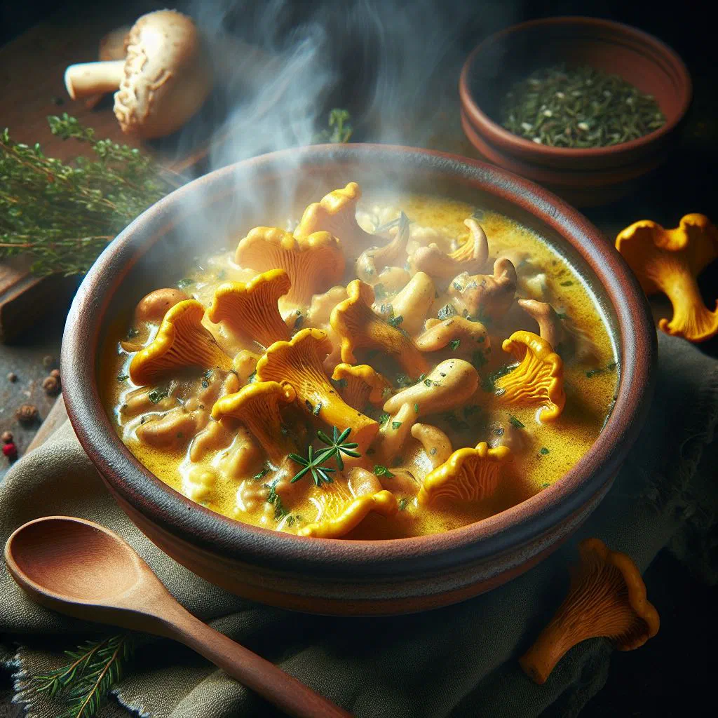 Creamy chanterelle goulash garnished with fresh parsley in a deep bowl