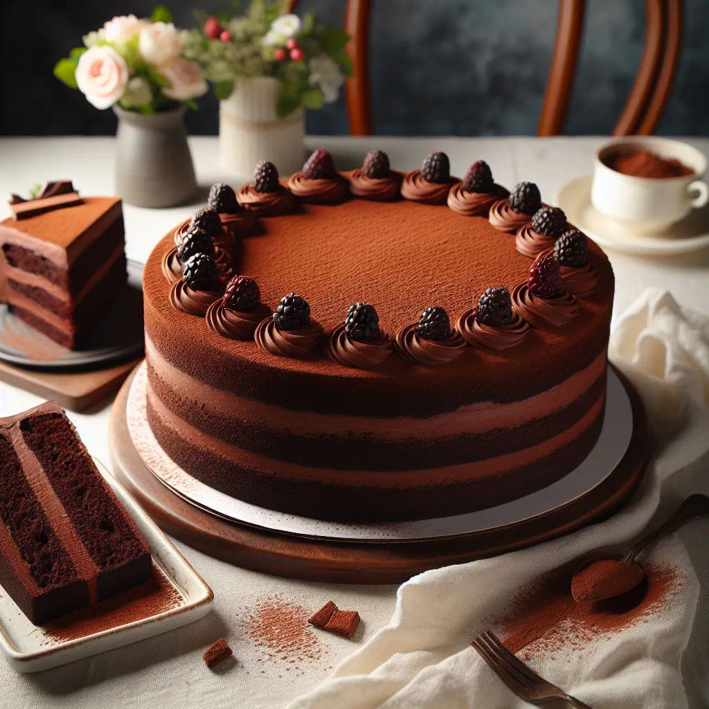Slice of rich Austrian chocolate cake dusted with icing sugar