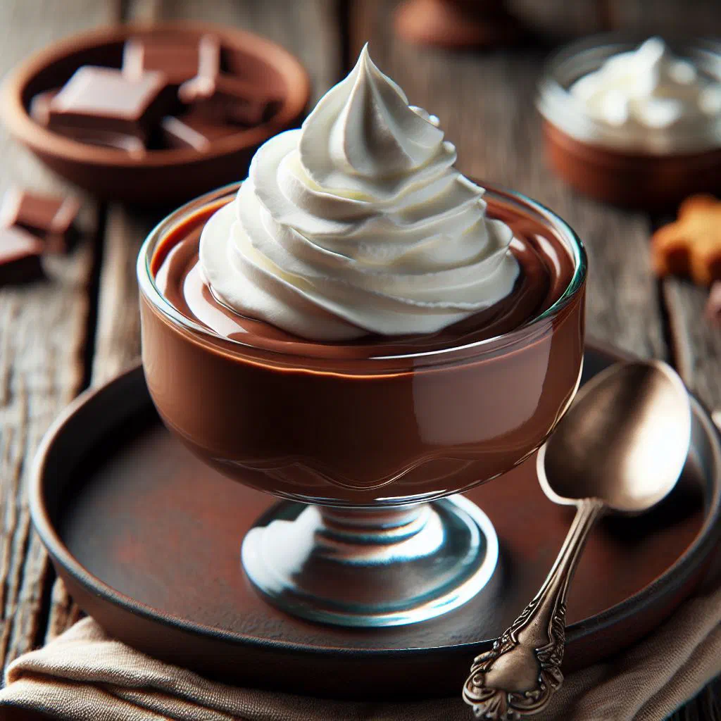 Creamy chocolate pudding topped with a swirl of whipped cream