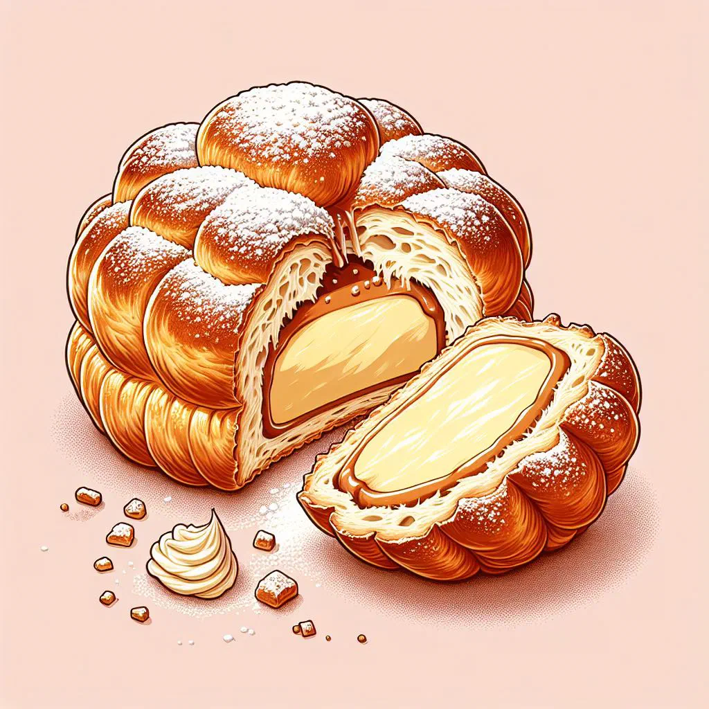 Golden choux pastry puffs filled with cream and dusted with icing sugar