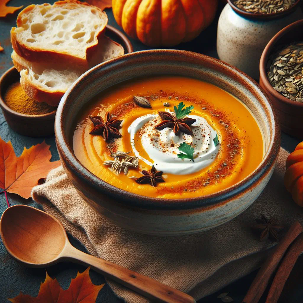 Bowl of cream of pumpkin soup garnished with roasted pumpkin seeds