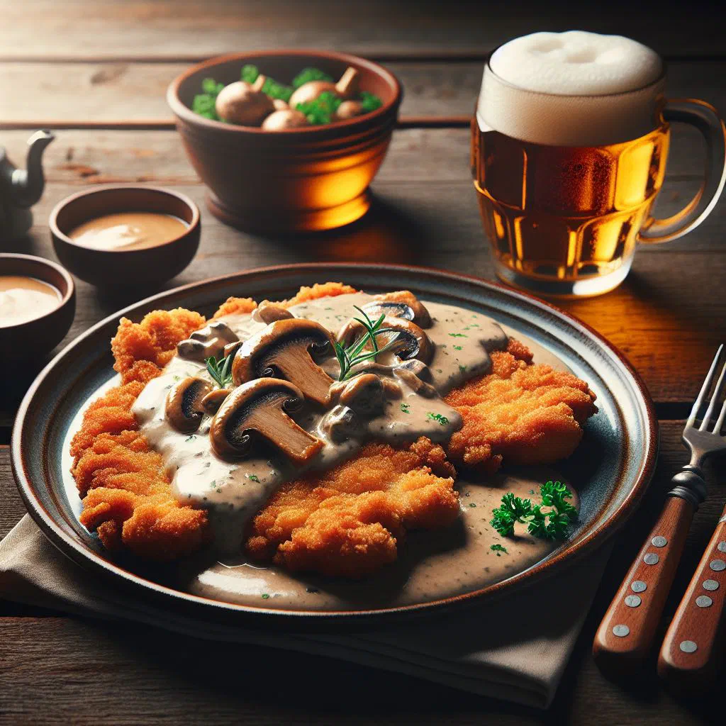 Golden creamy schnitzel coated in cream sauce and garnished with parsley