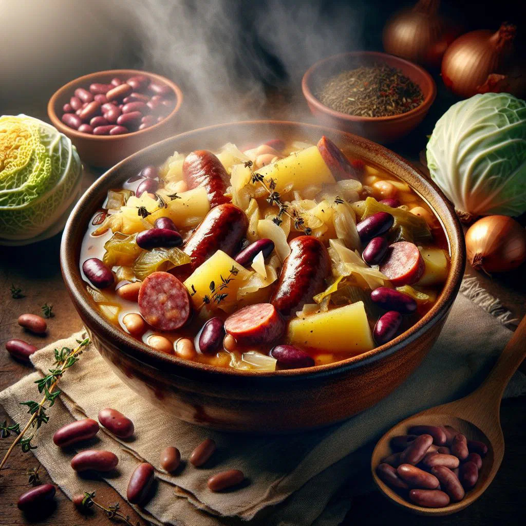 A hearty bowl of Debreziner stew with sliced sausage, carrots and potatoes