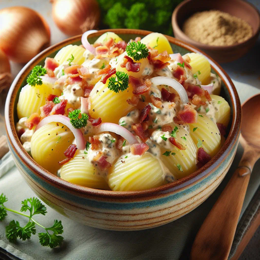 Austrian Erdäpfelsalat with thinly sliced potatoes, onion and fresh herbs