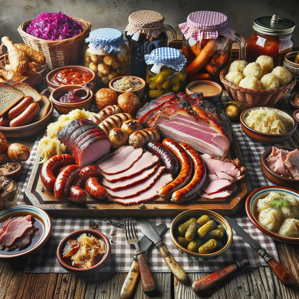 A hearty plate of Bauernschmaus with sliced roast meats, sausages, sauerkraut and potato dumplings