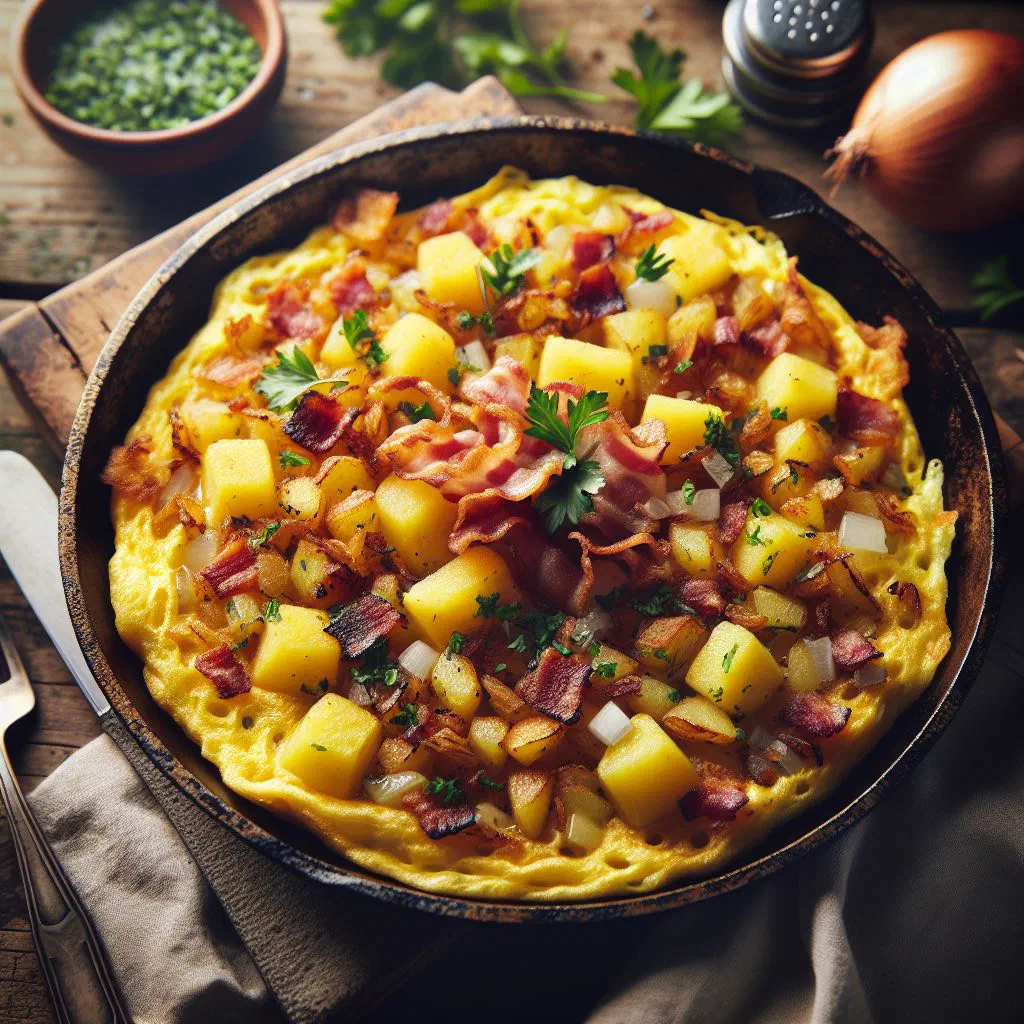 Golden farmer's omelette with bacon, peppers and melted cheese in a rustic pan