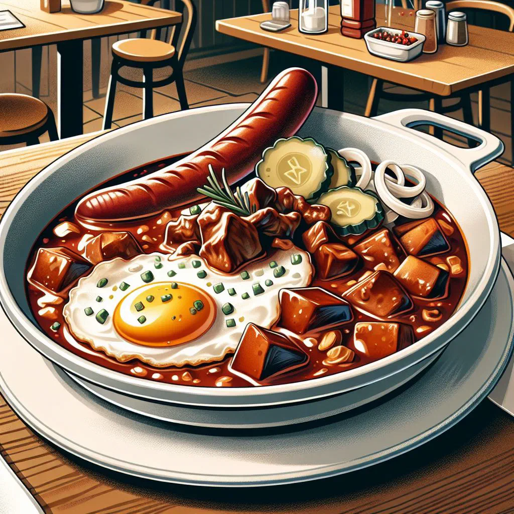 Fiaker goulash served with dumplings and a dollop of soured cream