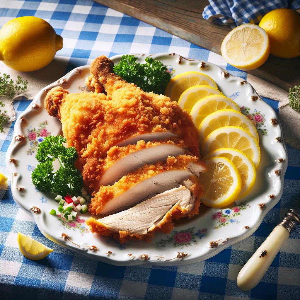 Golden, crispy Austrian fried chicken garnished with lemon slices