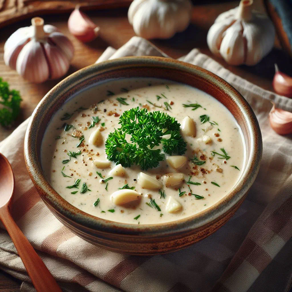 Bowl of creamy garlic soup garnished with fresh chives