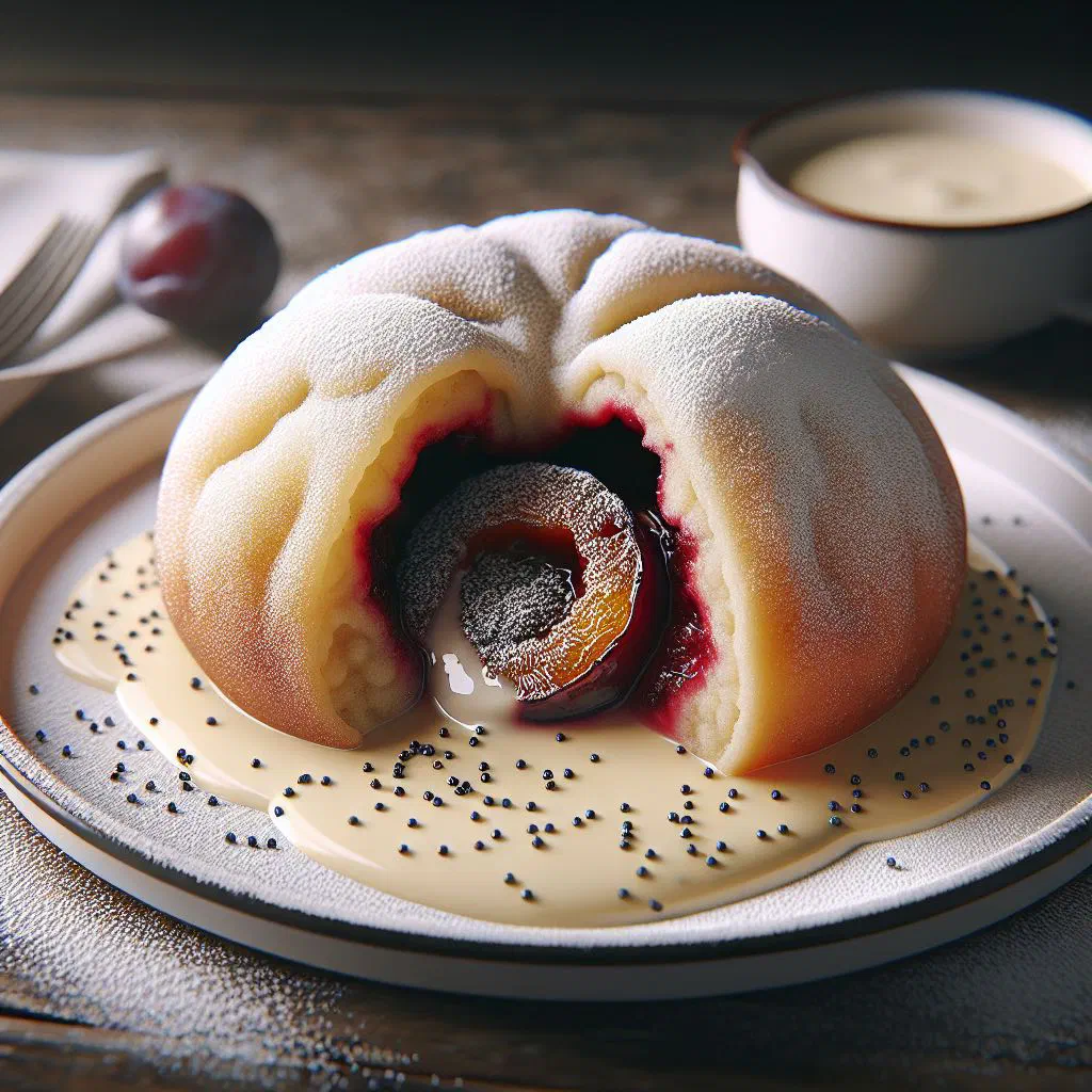 Fluffy Germknödel dusted with poppy seed sugar and drizzled with melted butter