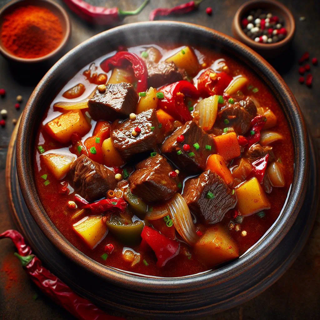 A rich Austrian beef goulash with paprika sauce in a rustic bowl