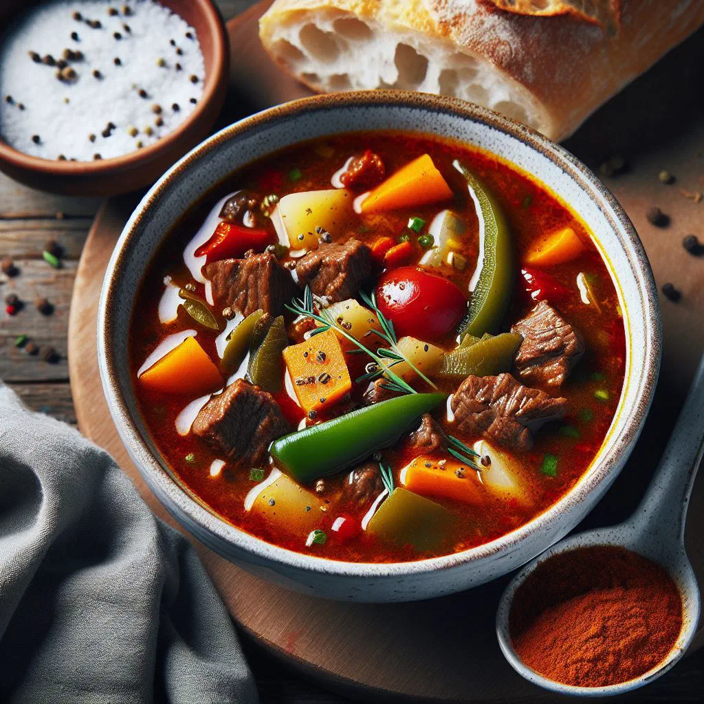 A bowl of rich red Austrian goulash soup with tender beef and peppers