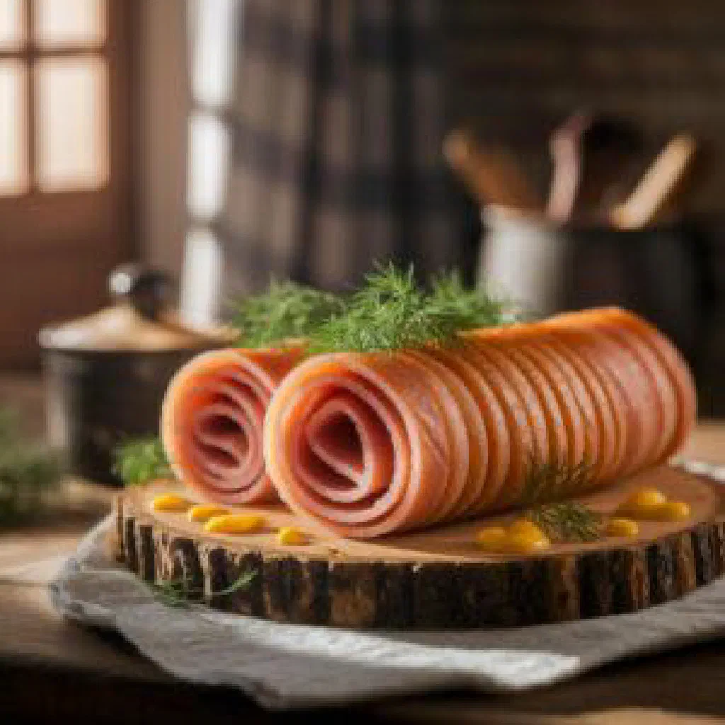 Austrian ham rolls filled with herb cream cheese on a serving plate