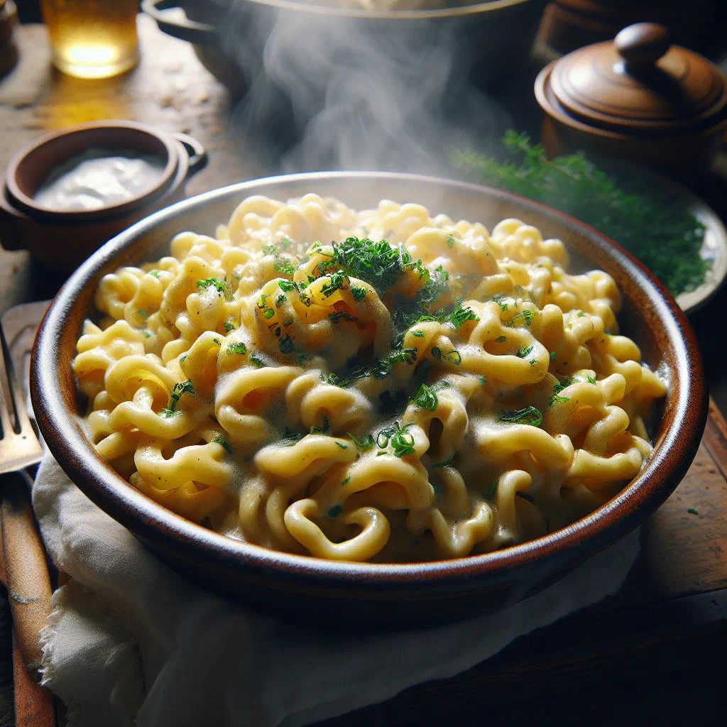A bowl of golden herb spätzle flecked with fresh green herbs
