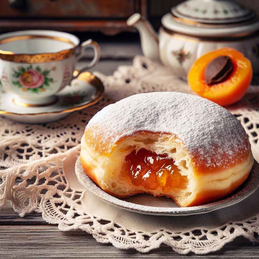 Golden Austrian Krapfen dusted with icing sugar and filled with apricot jam