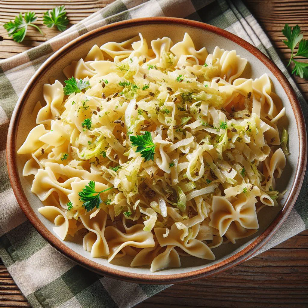 Krautfleckerl with caramelised cabbage and small square pasta in a bowl