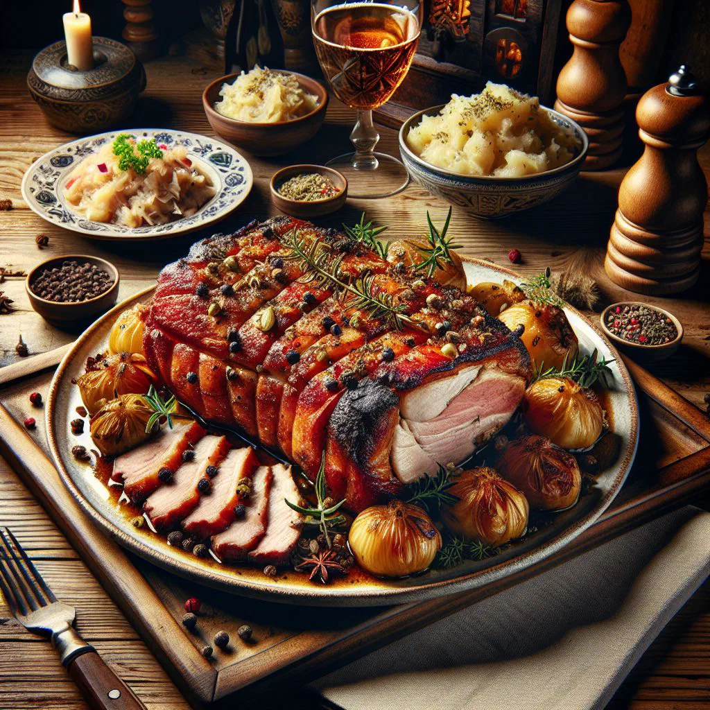 Sliced country-style Austrian pork roast with fresh herbs