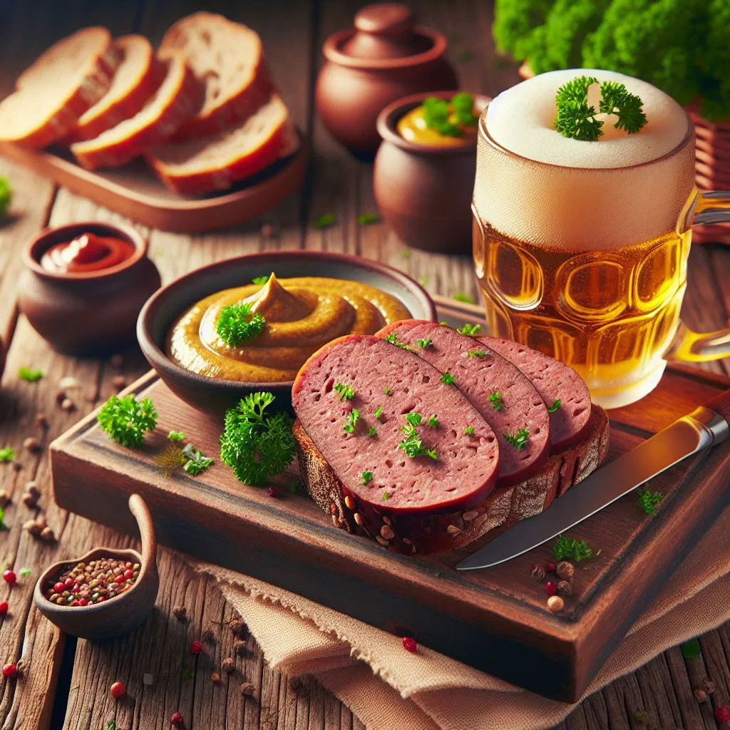 Sliced Austrian meatloaf with a golden crust on a wooden board