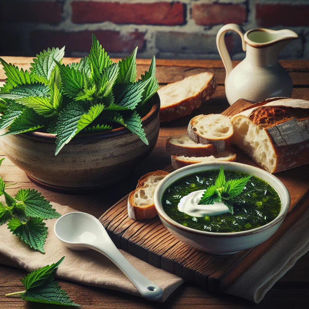 Creamy green nettle soup in a bowl garnished with fresh herbs