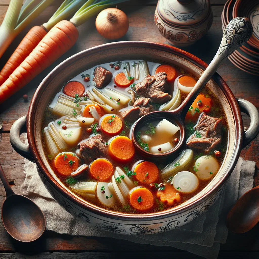 A steaming bowl of Old Viennese soup pot with tender beef, carrots and celery, garnished with parsley