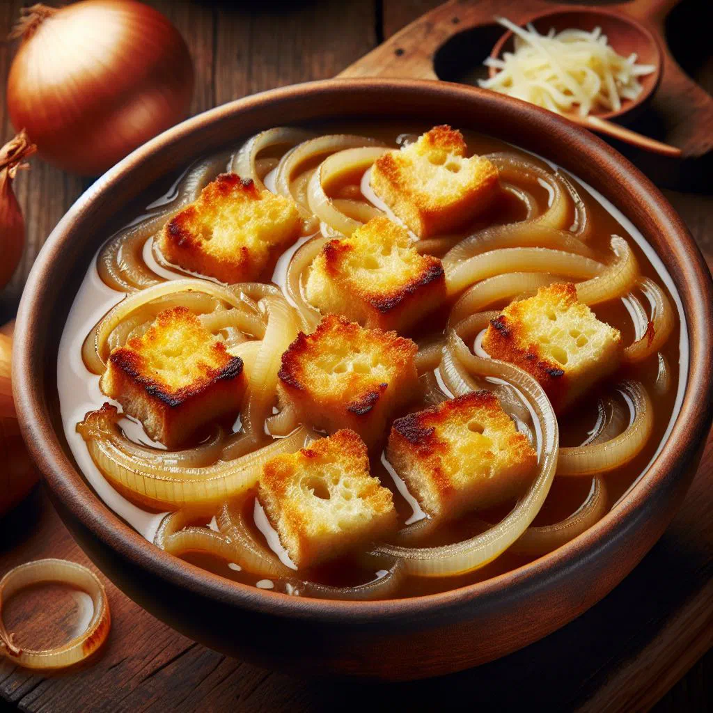Bowl of Austrian onion soup topped with golden cheese croutons