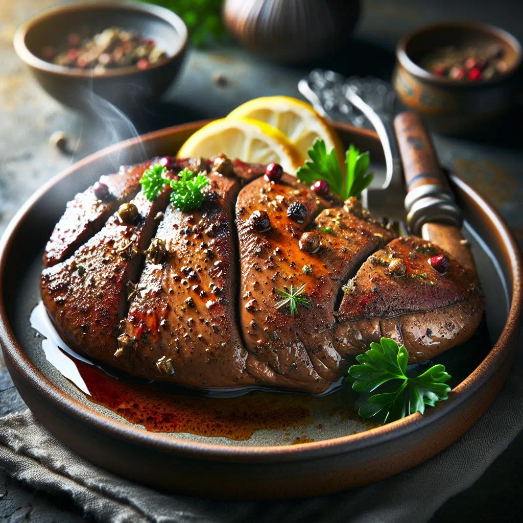 Pan-fried liver with golden onions and crispy bacon, served with bread