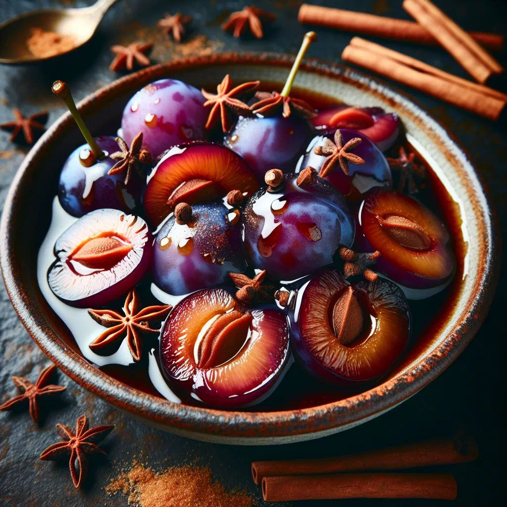 Warm Austrian plum compote in a bowl dusted with cinnamon