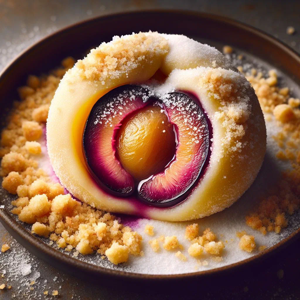 Austrian plum dumplings dusted with icing sugar and buttered breadcrumbs
