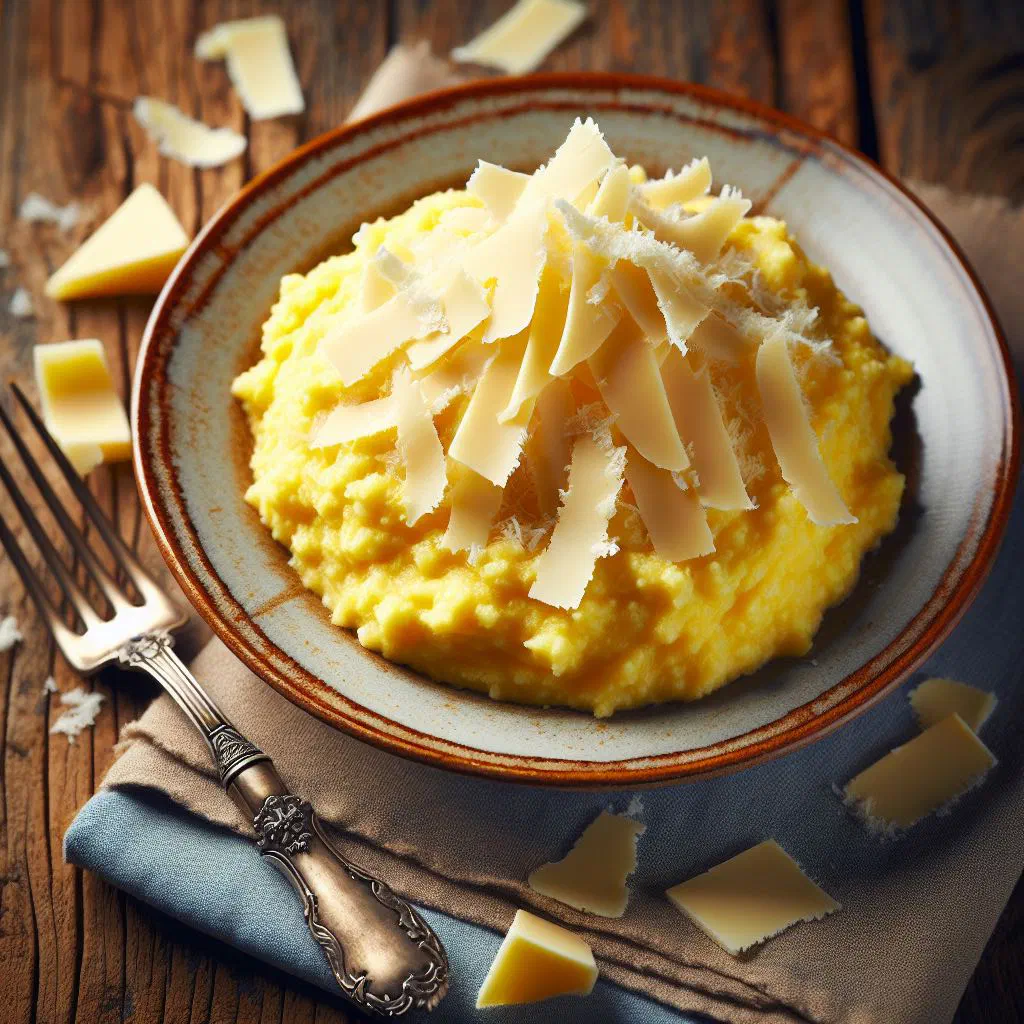 Creamy polenta with melted mountain cheese, garnished with fresh herbs