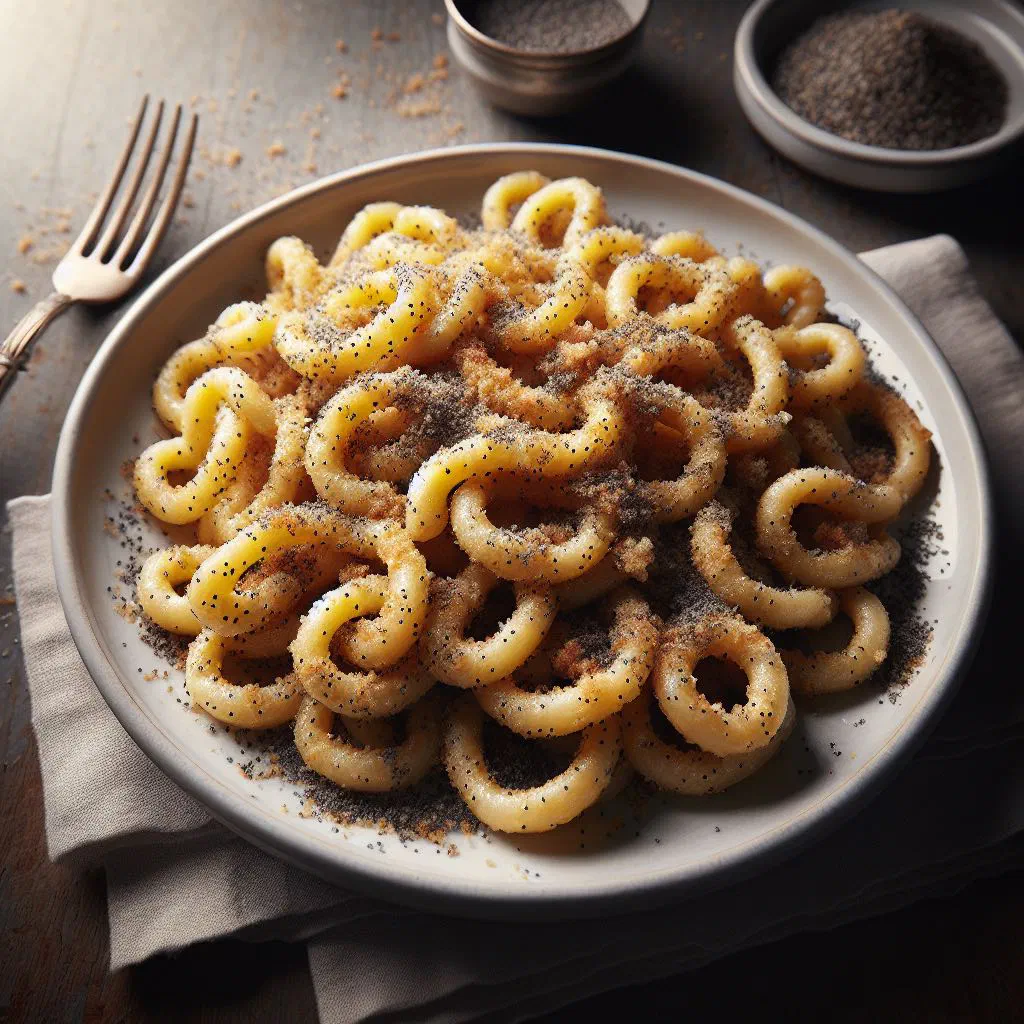 Poppy seed noodles tossed in buttered breadcrumbs and dusted with ground poppy seeds