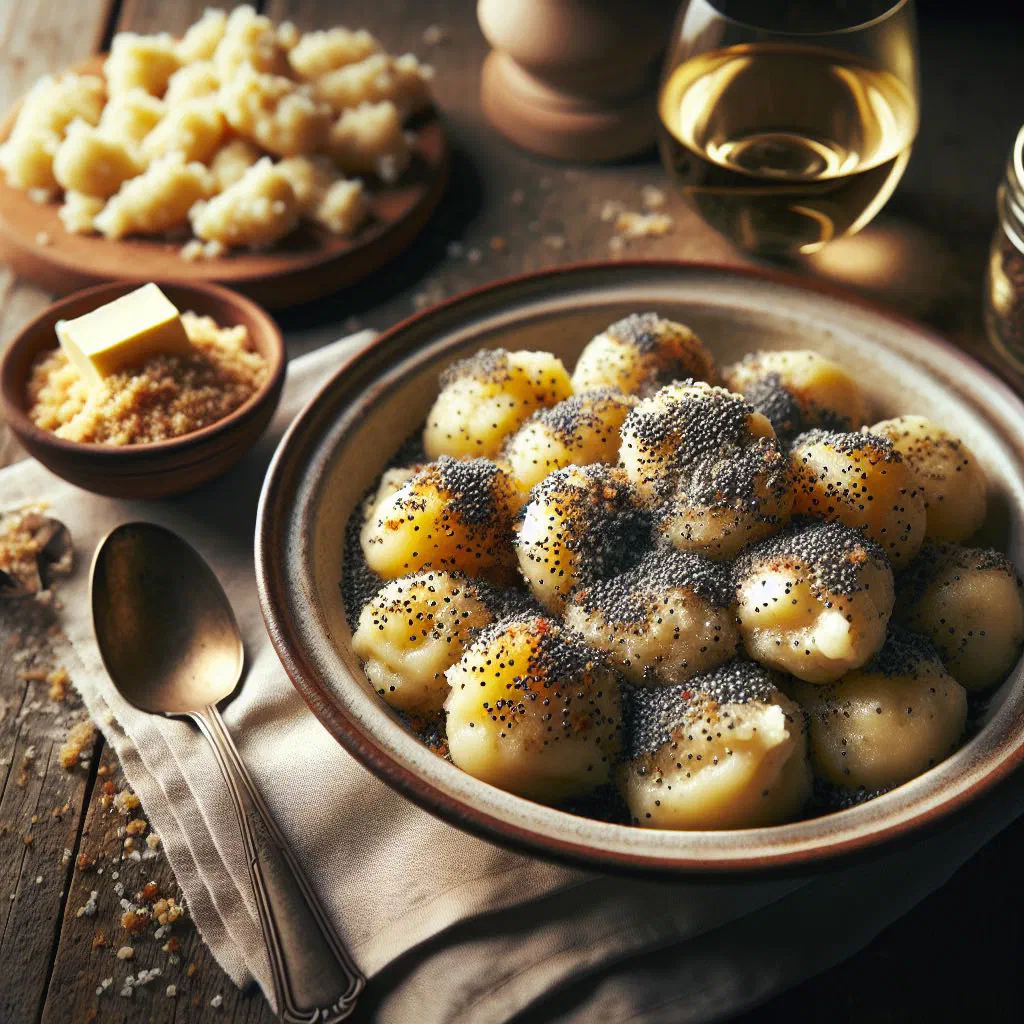 Austrian poppy seed noodles dusted with ground poppy seeds and golden buttered crumbs