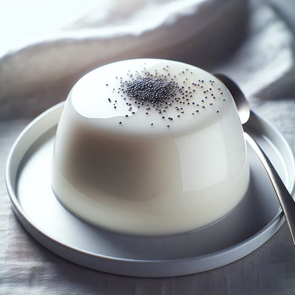 Creamy poppy seed panna cotta in a glass topped with a dusting of poppy seeds